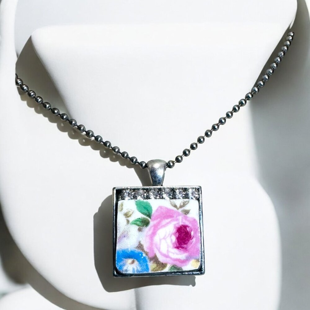 Homer Laughlin Floral Broken China  Square Pendant with Rhinestones Necklace